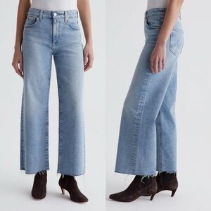 AG Saige Wide Leg High Rise Raw Hew Crop Jeans Eclipsed Blue Light Wash Size 29